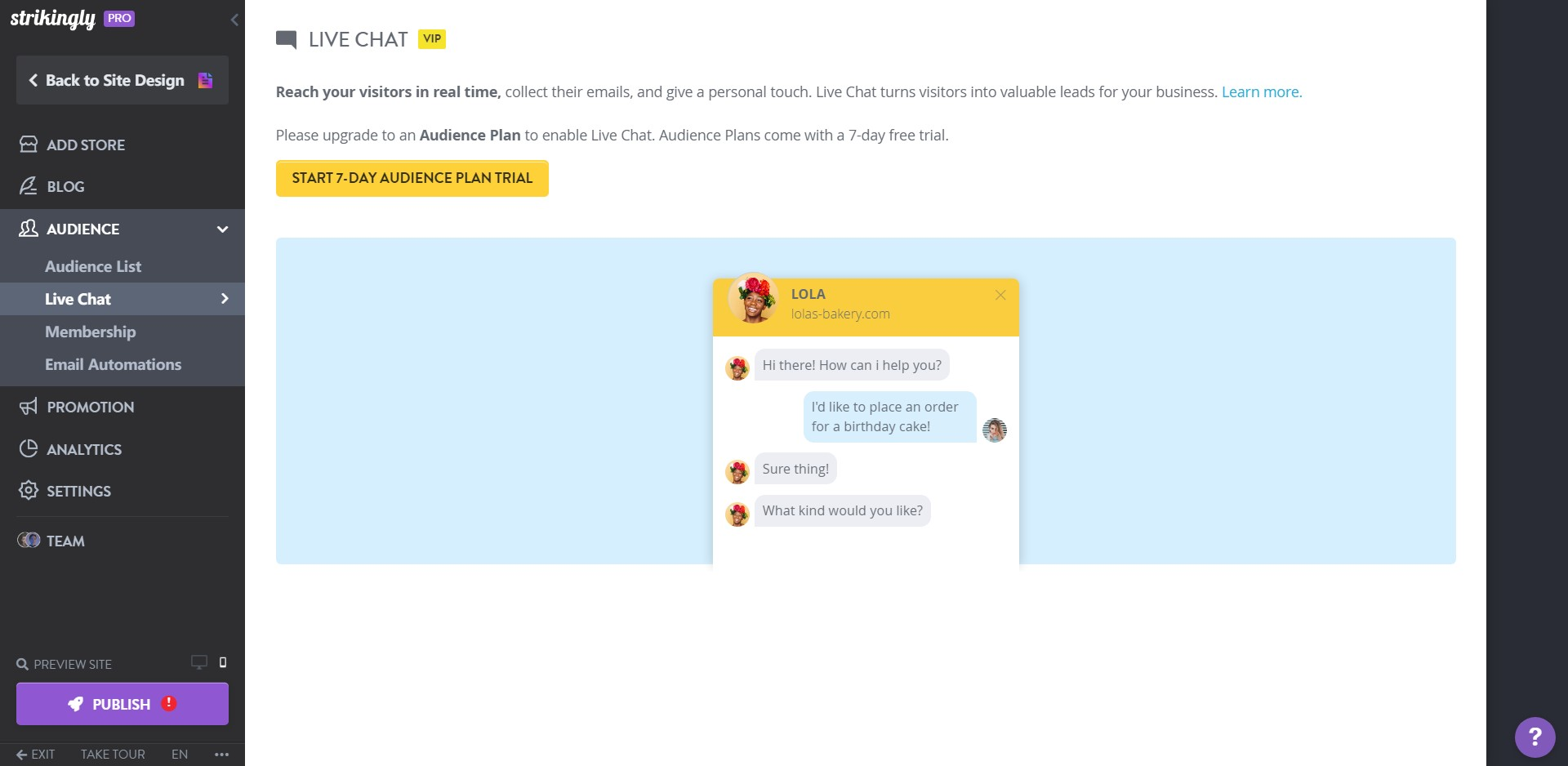 Strikingly Live Chat feature Strikingly Live Chat feature